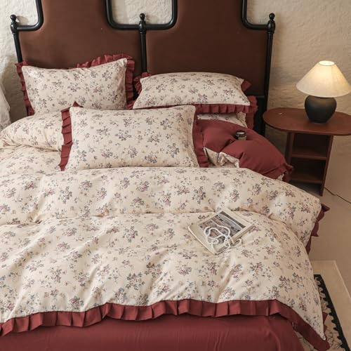 Image of VM VOUGEMARKET Red Ruffle Duvet Cover Twin,Vintage Rose Flower Bedding Set with Zipper Ties 100% Cotton Romantic Lace Comforter Cover for Teen Girls