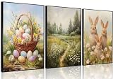 3Pcs Easter Cute Bunny Wall Art Easter Eggs and Spring Rabbit Wall Decor Pictures Vintage Wildflower Landscape Canvas Posters Prints for Living Room Bedroom Kids Room Baby Room Decorations Unframed