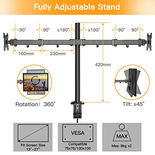 HuaNuo Supporto per Doppio Monitor, Regolabile Completamente per Due Schermi LED LCD da 13 a 27 Pollici, 2 Opzioni di Montaggio, VESA 75/100