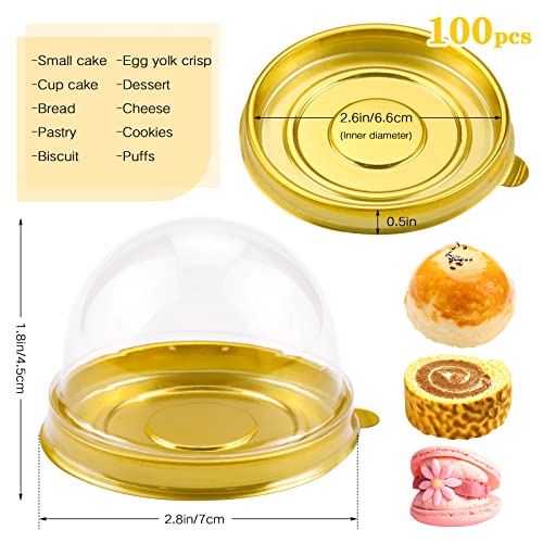 Pralb 100 Set Clear Plastic Mini Cupcake Boxes Muffin Pod Dome Muffin Single Container Box Wedding Birthday Gifts Supplies,3.1“ X 2” For Cheese Pastry Dessert Mooncake (Round, Gold) #TOP1