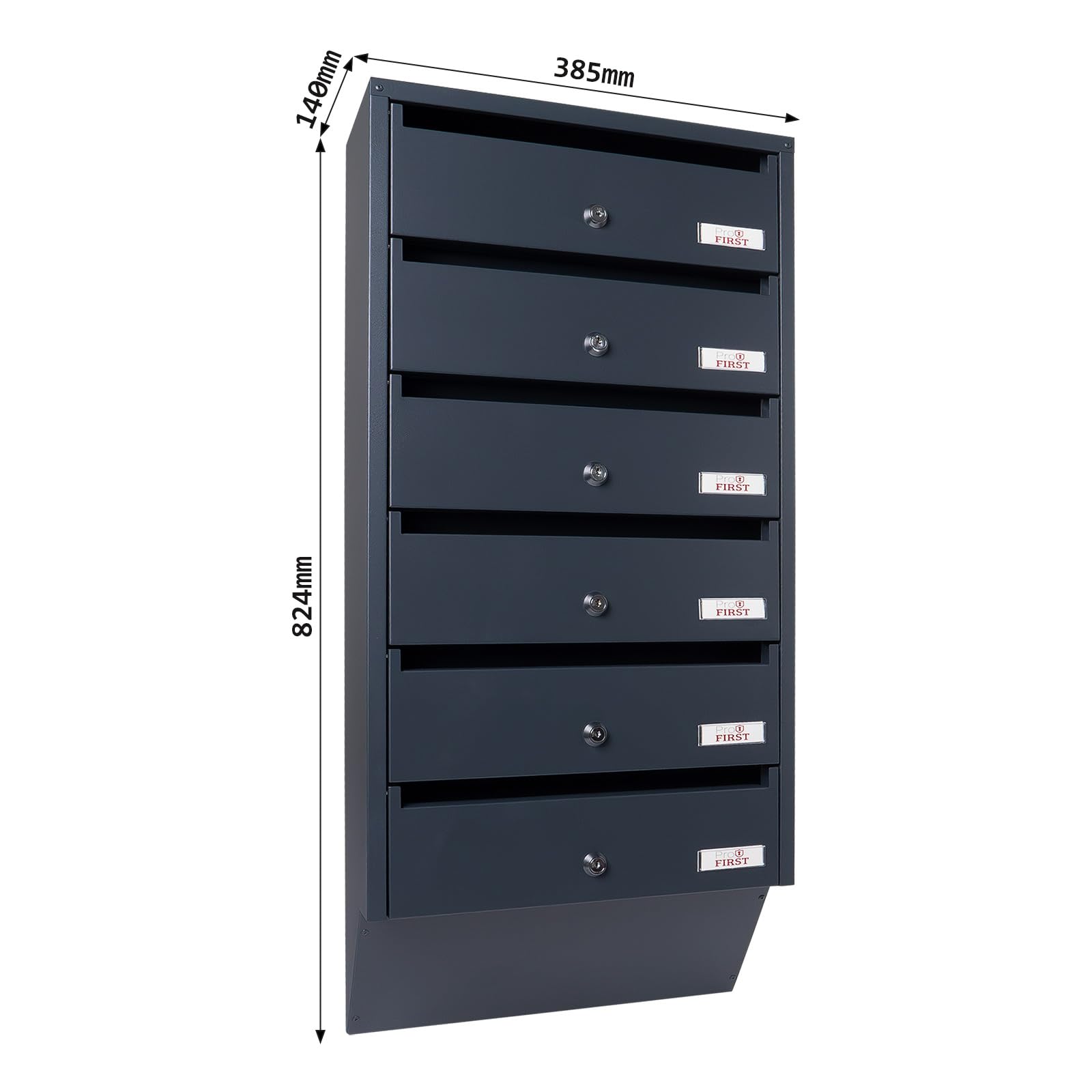 Profirst Impianti per Cassetta Postale Maildrop 6 Antracite in Acciaio con Serratura Cilindrica 2 Chiavi per 6 Parti, Porta Nomi Incluso Materiale di Montaggio