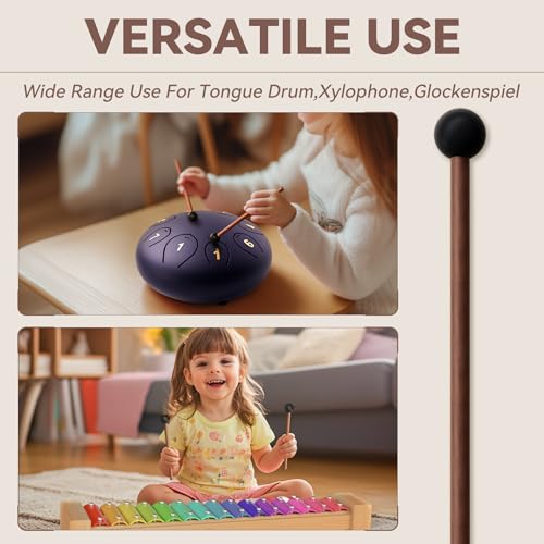 Tongue Drum Mallets, Glockenspiel Mallets, Rubber Xylophone Mallet Percussion with Wood Handle, Bell Mallets Glockenspiel Sticks
