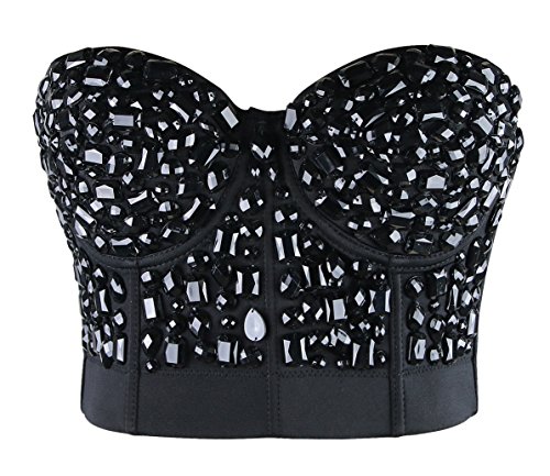 Charmian Women's Punk Rhinestone Push Up Bra Clubwear Party Bustier Crop Top Black Large