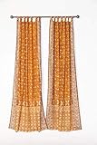 Light-Filtering Sari Colorful Curtains – Boho Curtains, Bed Canopy Panel, Wall Tapestry or Window Treatment for Bedroom or Living Room, Indian Print Curtains + Tote (96' L x 42' W Set of 2, Gold)