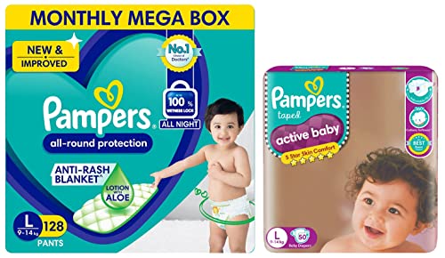 Image of Pampers Baby Dry Pants Diapers Monthly Mega Box, Large, 128 Count & Pampers Active Baby Diapers, Large, 50 Count