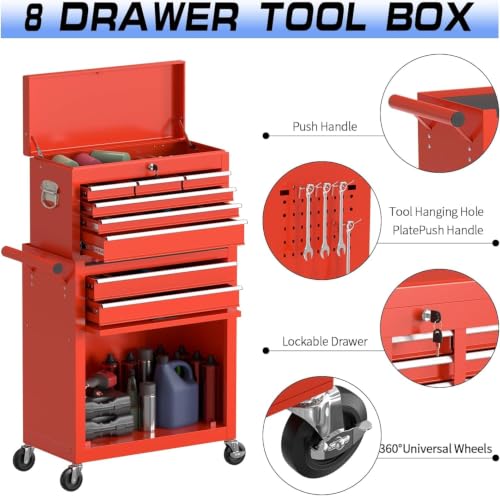 Image of 8-Drawer Rolling Tool Chest Tool Box,Removable Tool Storage Cabinet with 4 Wheels and Drawers,2 in 1 Portable Toolbox Organizer, Tool Chest with Lockable Drawer Gifts for Men (Red)