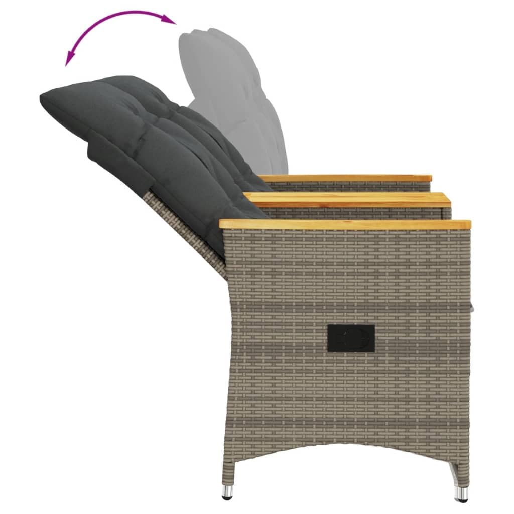 Gartensofa 2-Sitzer Verstellbar mit integriertem Tisch Grau Poly Rattan Gartenbank mit Auflagen Relaxsofa für Terrasse und Balkon Bequeme Sitzgruppe aus PE-Rattan und Akazienholz