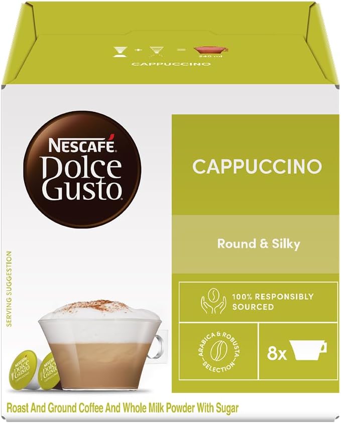 Nestle Nescafe Dolce Gusto Cappuccino Round & Silky Roast & Ground Coffee 16 Capsule, 186.4G ((8 Creamer + 8 Coffee))
