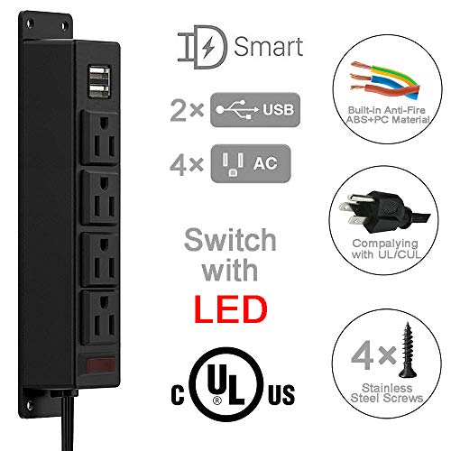 Multitoma Montable 4 LEAF U04 con 4 Enchufes y 2 Puertos USB, Cable de 2 m, Interruptor On/Off, Negro miniatura 3