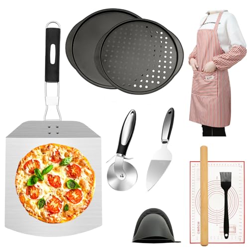AOFUXTI Pizza Kit for Homemade Baking, 12in Perforated and Non-Perforated Pizza Pan Set with Stainless Steel Pizza Peel 12x9in, Dough Roller, Cutter, Apron, Baking Mat, Ideal for Oven Cooking at Home