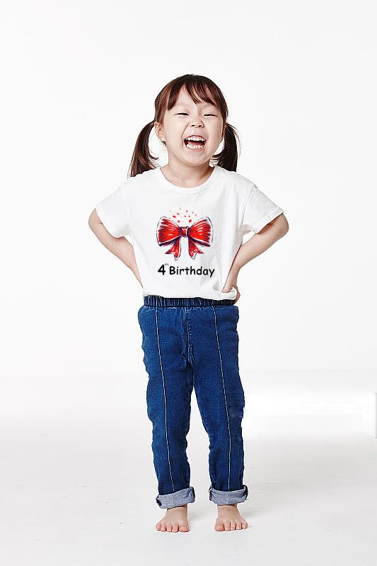 4th Birthday Shirt for Girls, 4th Birthday Dress for Girls, 4th Birthday T Shirt for Girls 4 Year Old Birthday Gift for Girls 4th Birthday Outfit Decoration Cute Bow Birthday Clothes for Girls White4