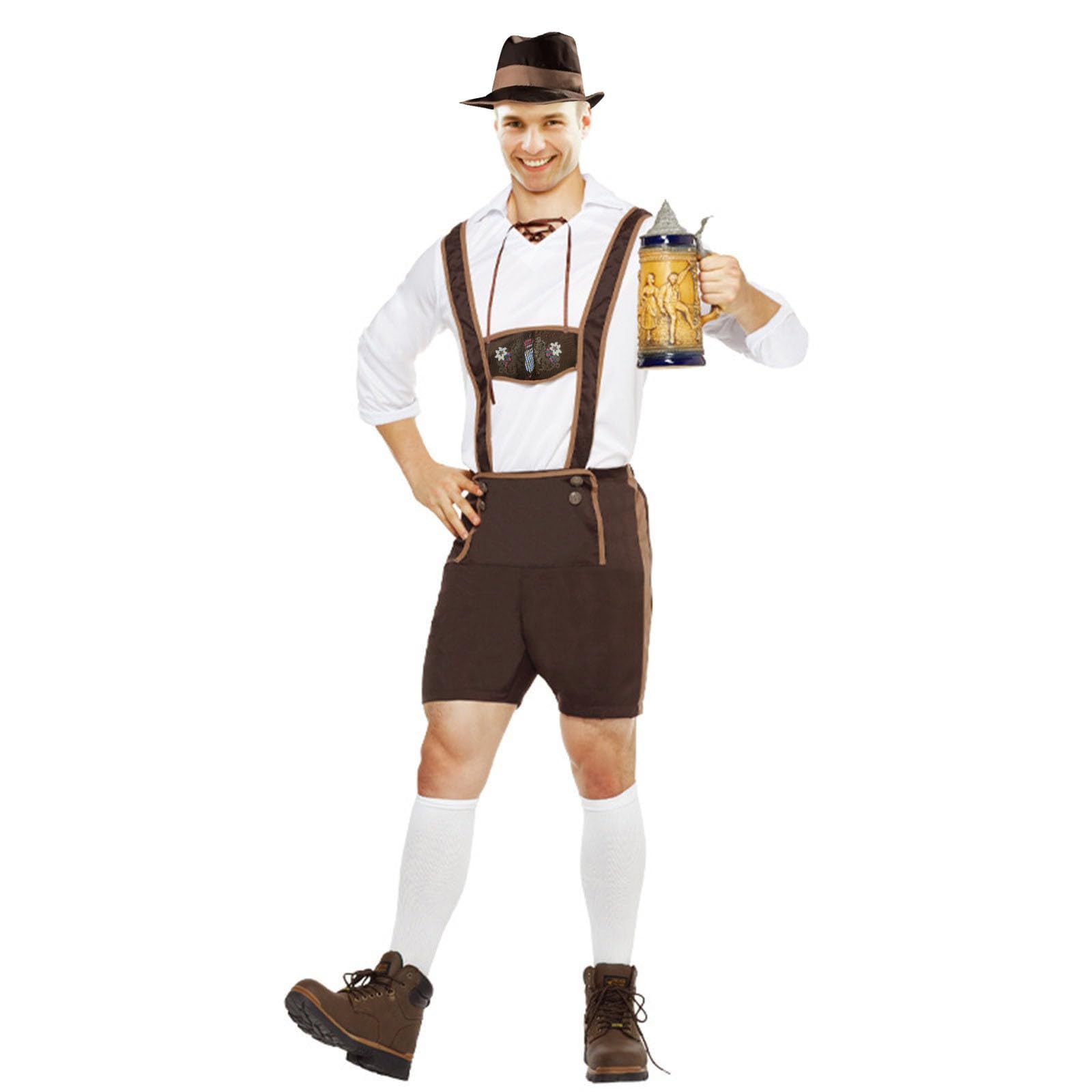 3-Piece Oktoberfest Costume Set Including Lederhosen White Shirt & Hat Mens October Festival Traditional Bavarian German Beer Fancy Dress Halloween Carnival Cosplay Outfit