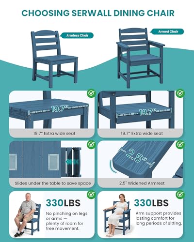 Image of SERWALL 59 inch HDPE Outdoor Dining Set for 10, w / 2 Tables & 10 Chairs, Blue | All Weather Resistant HDPE Dining Sets for Patio, Garden, Backyard