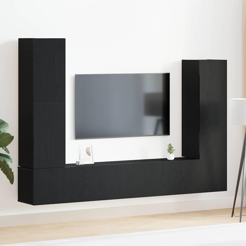 TV-Schrankset 6-teilig Wandmontiert - Modernes Lowboard hängend in Schwarz Eichen-Optik aus Holzwerkstoff - Platzsparende Schrankwand für Wohnzimmer & Media Center