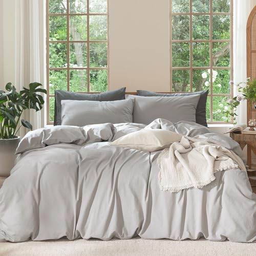 Image of MooMee Duvet Cover Set 100% Washed Cotton Linen Like King | Relaxed Linen-like Texture. Soft, Breathable & Long-lasting Comfort. Lightweight. Hidden Zipper with 8 Interior Corner Ties