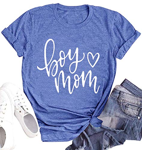 Boy Mom Shirt for Women Funny Cute Mama T Shirts with Sayings Mother Gifts Shirt (Blue, Large)