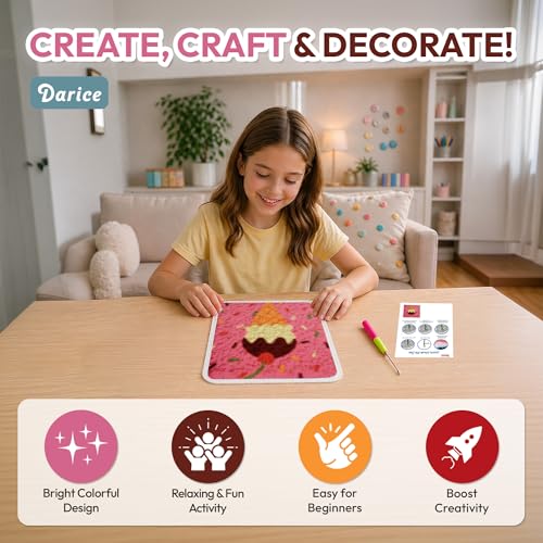 Image of Darice Latch Hook Rug Kit, Ice Cream Design DIY Latch Hook Kit for Kids & Adults, Color Canvas, PreCut Yarn & Hook Tool, Craft Activity & Gift for Kids