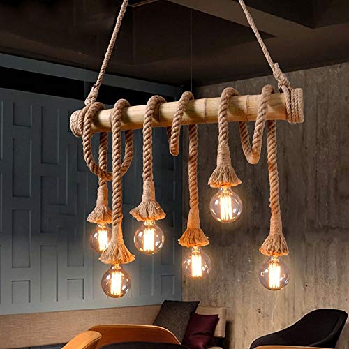 AI XIN SHOP American Retro Chandelier, Creative Bar Bar Chandelier araña de bambú cáñamo Industrial Viento Restaurante Cafe iluminación, Iluminación Retro Hemp Rope Pendant Lights (Tamaño : 6 Bulbs)