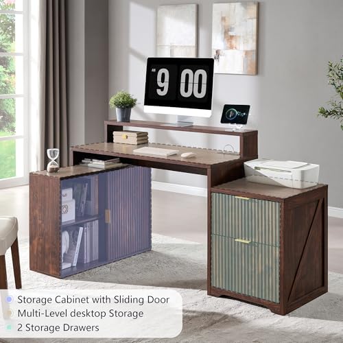 Image of 67 inch Modern Desk with Storage Cabinet & 2 Drawers, Built‑in Outlet | L Shaped Desk with Storage, Wood Home Office Desk, storage cabinet with sliding doors, Dark Walnut
