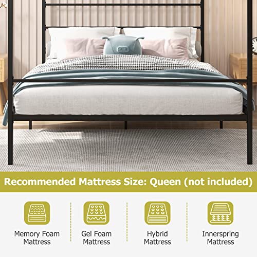 Komfott Metal Canopy Bed Frame Queen Size, Modern 4 Poster Canopied Platform Bed Frame With Headboard, Heavy-Duty Metal Slat Support Mattress Foundation, No Box Spring Needed, Easy Assembly, Black #TOP6
