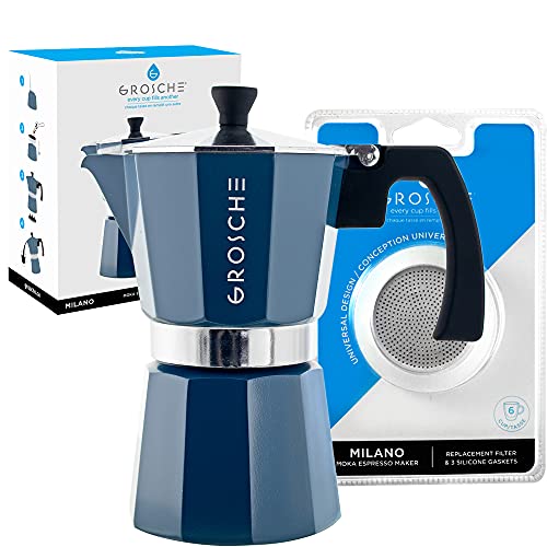 GROSCHE Milano Stovetop Espresso Maker Moka pot 6 espresso Cup - 9.3 oz, Blue and 3 Replacement Seals Gaskets Bundle Stove top coffee maker Moka Italian espresso coffee maker and replacement gaskets