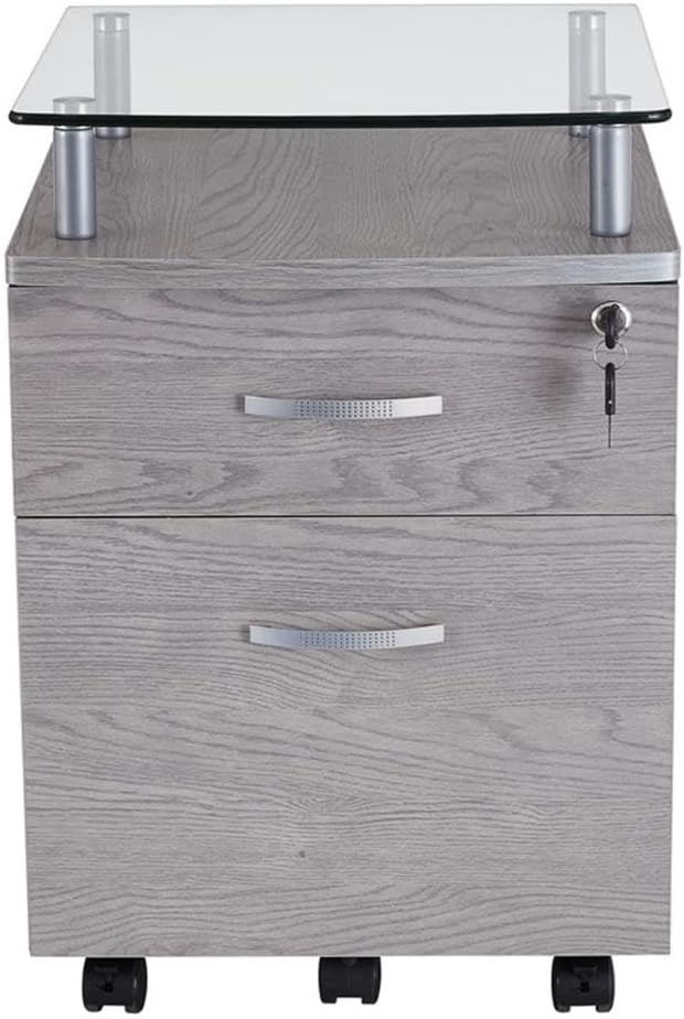 Pemberly Row Rolling File Cabinet, 24"H x 16"W x 16.5"D, Engineered Wood Frame with Tempered Glass Top, Gray Finish, Locking Drawers, Hanging File Drawer, Mobile Design with Chrome Non-Marking Wheels