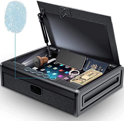 Biometric Gun Safe for 3 Pistols with LED Light and Mute Function, Quick Access Handgun Safe with Fingerprint Lock, Digital Keypad or Key, Pistol Safe with Cable for Home Bedside Car