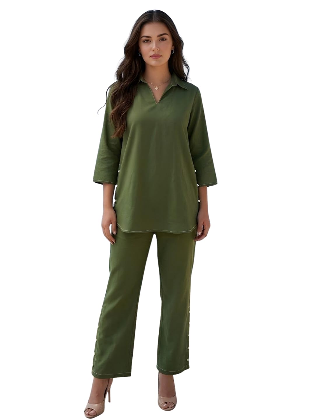 Women's Navy Denim Co-ord Set with Stitchline Detailing | Collared 3/4 Sleeve Shirt with Button Trim Trousers | Casual Denim Co-ord for Daily, Casual, Vacation & Travel Wear-image-23