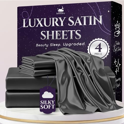 SLEEP SANCTUARY Satin Sheets Full Size – 4 Piece Luxury Silky Bed Set, Softer Than Silk, 15 Deep Pocket, Cooling & Wrinkle-Free, Moisture-Wicking & Breathable for Hair & Skin (Stone Grey)