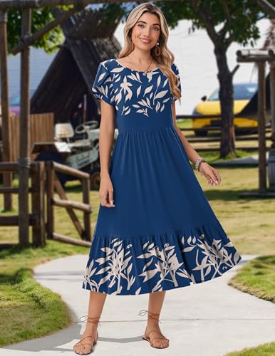 Image of Zeagoo Women Summer Midi A Line Dress Short Sleeve Casual Flowy Tiered Beach Long Sundress with Pockets 2026 Vacation Travel