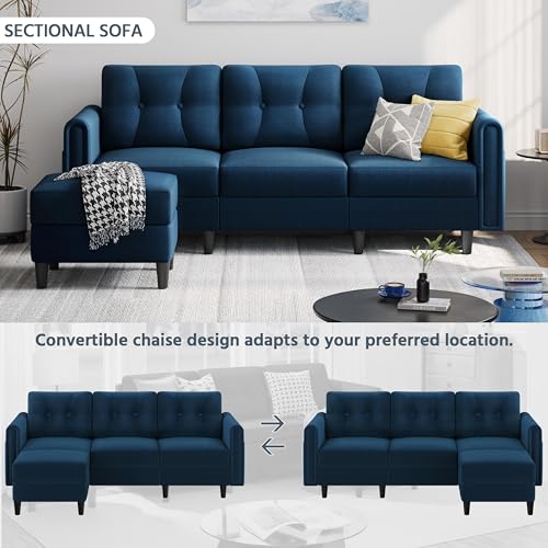 Yaheetech Ecksofa 3-Sitzer Sofa mit Polsterhocker aus Samtstoff Eckcouch in L-Form Rechts/Links fürs Wohnzimmer/Schlafzimmer/Wohnung, Blau – Bild 5