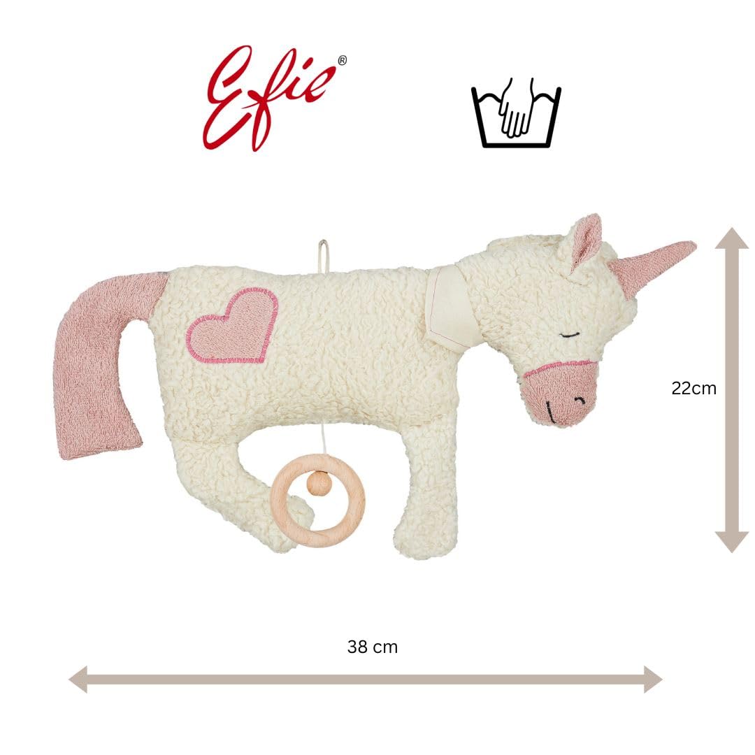 Efie Bio - Spieluhr Einhorn, Herz Applikation, kontrolliert biologischer Anbau (organic), Made in Germany, GOTS zertifiziert, nachhaltig, Melodie (LaLeLu)