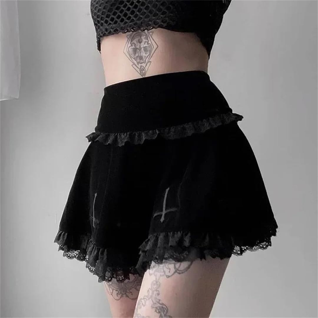 Gonna da donna in pizzo scuro vintage Harajuku a vita alta con volant in pizzo