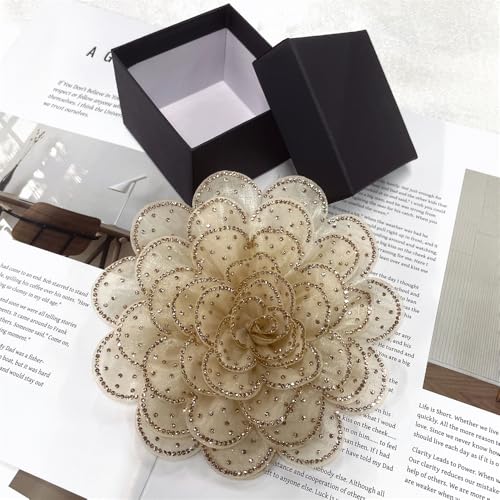 Image of Rhinestone Camellia Flower Big Brooch Lapel Pins for Women Fashion Crystal Fabric Floral Brooches Pin for Dresses Suit Accessories Jewelry Boutonniere Corsage Wedding Party 140mm