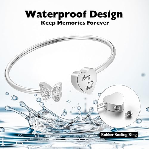 XIUDA Urn Bracelet for Human Ashes Butterfly Heart Ash Bracelet for Women Stainless Steel Openable Cuff Bangle Cremation Bracelet - Always in My Heart2