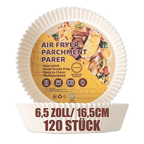 katbite Backpapier für Heißluftfritteuse 120 Stück Backpapier Airfryer Luftfritteuse, Heißluftfritteuse Zubehör ,für Bratpfanne, Ofen, Mikrowelle, HeißLuftfritteuse, Φ6,5 Zoll (Φ16,5 cm) Cover