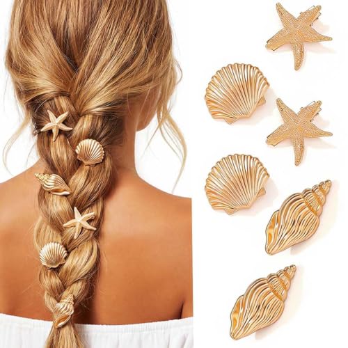 Bukecagif 6 Stück Muschel Schmuck, Haarspangen, Gold, Muschel Seestern, Metall, für Damen, Strand Urlaub, Haarspangen Set Sommer, Boho Accessoire, Geschenk