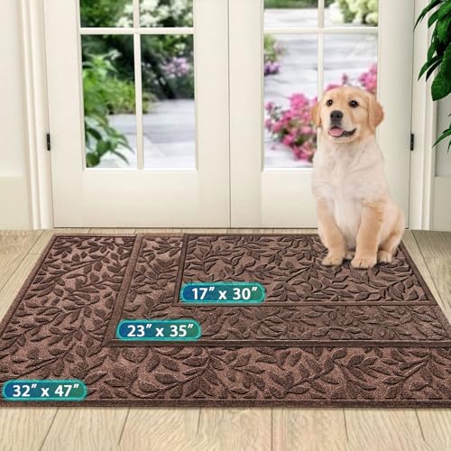 Bulijojo Sturdy Front Entrance Doormats,Durable Heavy Duty Welcome Mat,Thick Absorbent Natural Rubber Non Slip Mat,Easy Clean Entryway Mat Leaves Brown 23"x35"