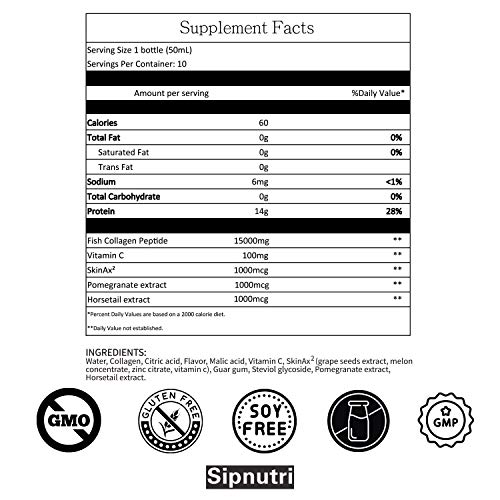 Sipnutri Diamond Liquid Collagen Drink, 15000Mg Hydrolyzed Marine Collagen Peptides With Vitamin C, Pomegranate, Healthy Hair Skin Nails Joints Bones Support, 50Ml X 10 Bottles(3 Boxes) #TOP5