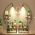 BACEKOLL Metal Plant Stand with Grow Lights, 6 Tiered Tall Stand for Indoor Plants Multiple, Large Plant Shelf Display Holder, Half-Moon Shape Rack for Living Room, Patio, Balcony