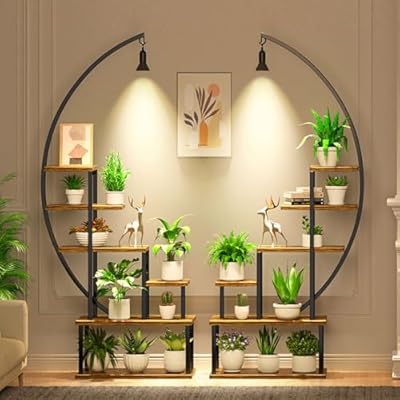 BACEKOLL Metal Plant Stand with Grow Lights, 6 Tiered Tall Stand for Indoor Plants Multiple, Large Plant Shelf Display Holder, Half-Moon Shape Rack for Living Room, Patio, Balcony
