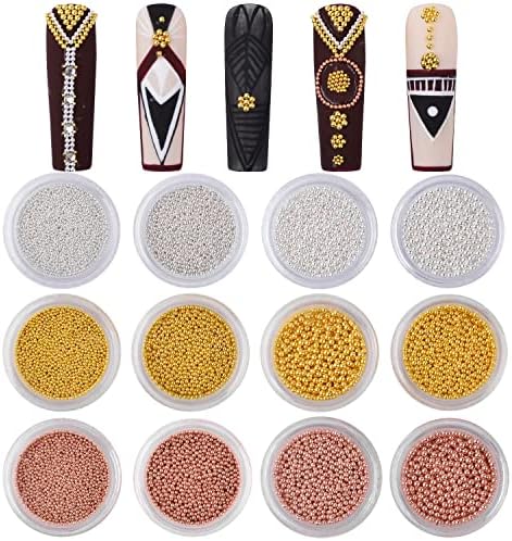 Sindy 12 Boxes Nail Metal Caviar Nail Beads Fashion Gold Silver Rose Gold Nail Steel Ball Nail Tools Design Kit Nail Accessories Manicure Tips for Women (Mixed 4size)