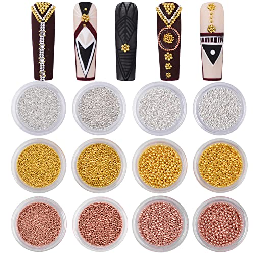 Sindy 12 Boxes Nail Metal Caviar Nail Beads Fashion Gold Silver Rose Gold Nail Steel Ball Nail Tools Design Kit Nail Accessories Manicure Tips For Women (Mixed 4Size) #TOP1