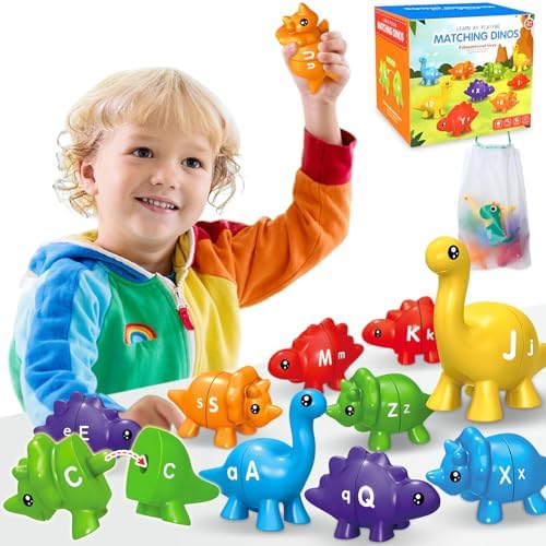 ABC Matching Dinosaurs - Alphabet Learning Toy for Toddlers, 4-6 Year Olds, Montessori Fine Motor Toys (26PCS Dinos with Letters)