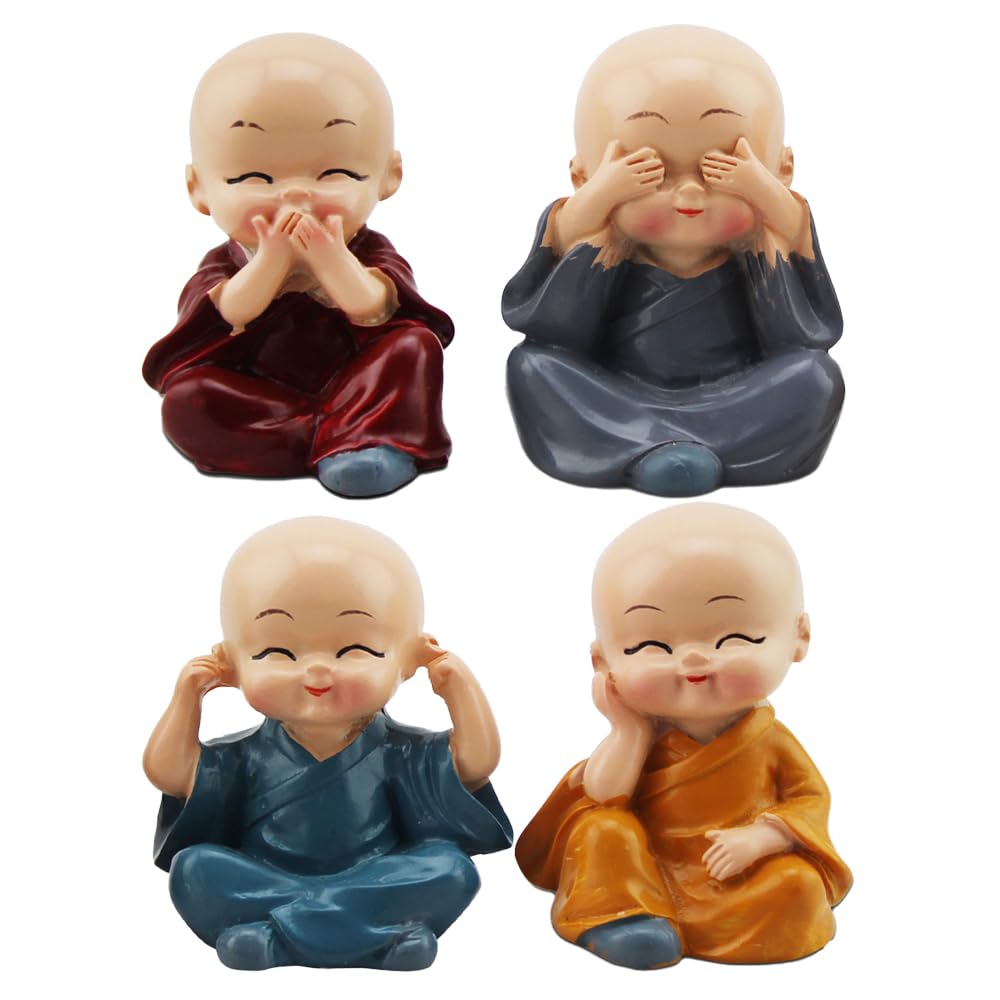 ELECDON 4 Pcs Mini Buddha Statues - Charming Monk Figurines for Home, Office, Car, Wall, Shelf & Table Decor