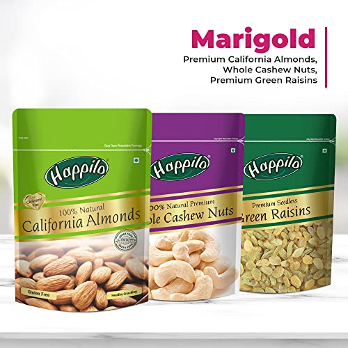 Image of Happilo Dry Fruit Celebrations Gift Box Marigold - California Almonds, Premium Cashews & Raisins, Mixed Nut, 650 g, 3 Count (Pack of 3)