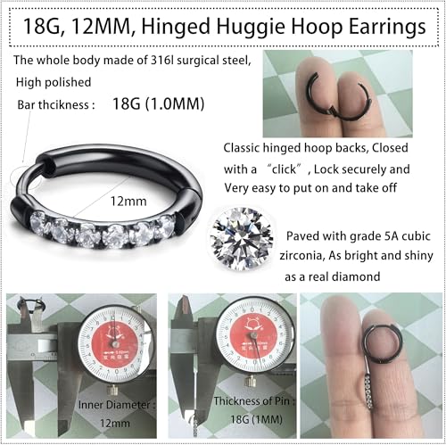 Image of Hypoallergenic Unisex Surgical Steel Small Cubic Zirconia Huggie Hoop Earring, Color Gold - Silver - Rose Gold - Black - Rainbow, Size 6mm- 12mm Safe for Sensitive Ear