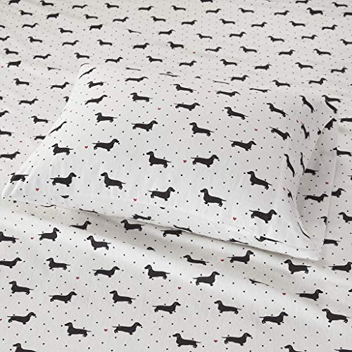 Image of Sleep Philosophy True North Cozy Flannel Warm 100% Cotton Sheet - Novelty Print Animals Stars Cute Ultra Soft Cold Weather Bedding Set, Queen, Black Dogs 4 Piece