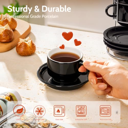 Image of Sweese 8 Ounce Stackable Cappuccino Cups with Saucers and Metal Stand,Black