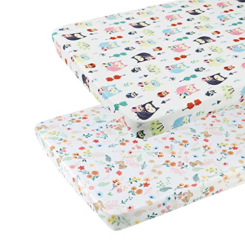 Image of Onacosht Pack n Play Fitted Sheets for Baby Girl 2 Pack Set Soft Jersey Knit Sheets for Mini Crib Mattress and Playard Mattress, Rabbit Floral and Owl Printing